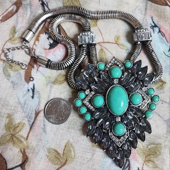 Turquoise Cabochon Statement Necklace Clear Baguette Smoke Navette Stones Pewter - Picture 12 of 15